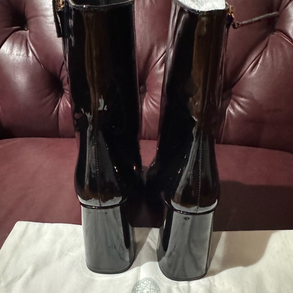 Versace Black Patent Heeled Boots with Gold Accents - Picture 5 of 8